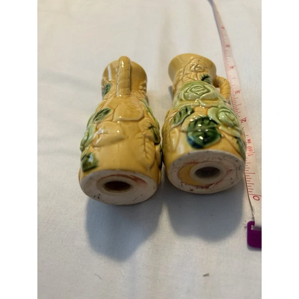 Vintage Salt and Pepper Shakers Pitcher Rose Yellow Green Mid-Century